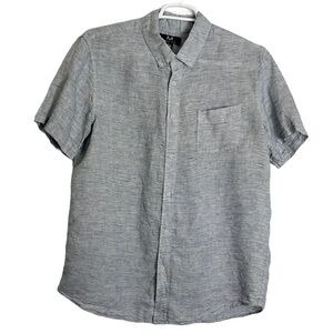 Magashoni Men's L Button Down Shirt Blue Subtle Dot 100% Linen Short Sleeve